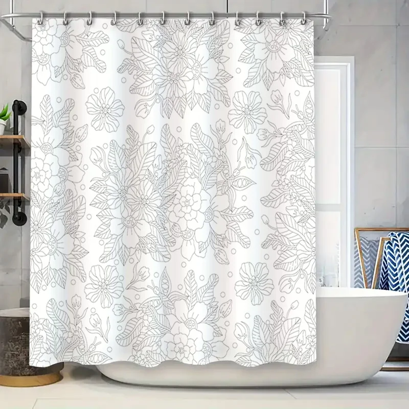 

Modern Floral Shower Curtain White Grey Lines Decorative Bathtub Liner for Home Bathroom Easy Install Hook Ring Shower Panels Si