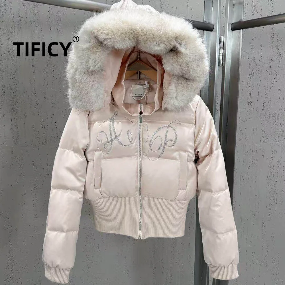 High Street Women's Winter New Fur Collar Hooded Long Sleeved Rhinestone Letter Pattern Short Bread Down and Padded Jacket