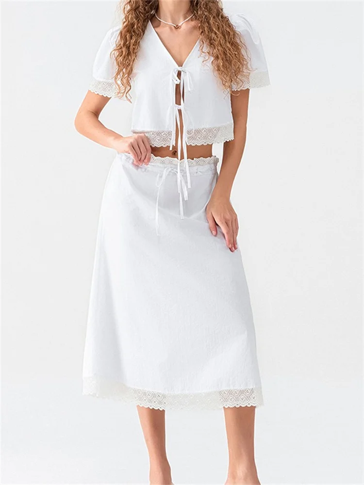 CHRONSTYLE Women Lace Trim 2 Pieces Skirts Outfits Short Sleeve Front Lace-up Shirts Crop Tops Midi Drawstring Skirts Sets 2024