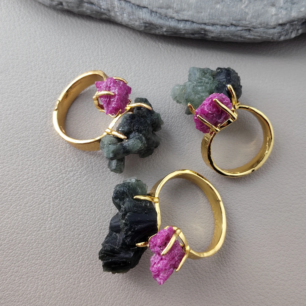 

5 PCS Natural Green Fluorite Red Corundum Druzy Rough Gemstone Finger Rings Adjustable Jewelry