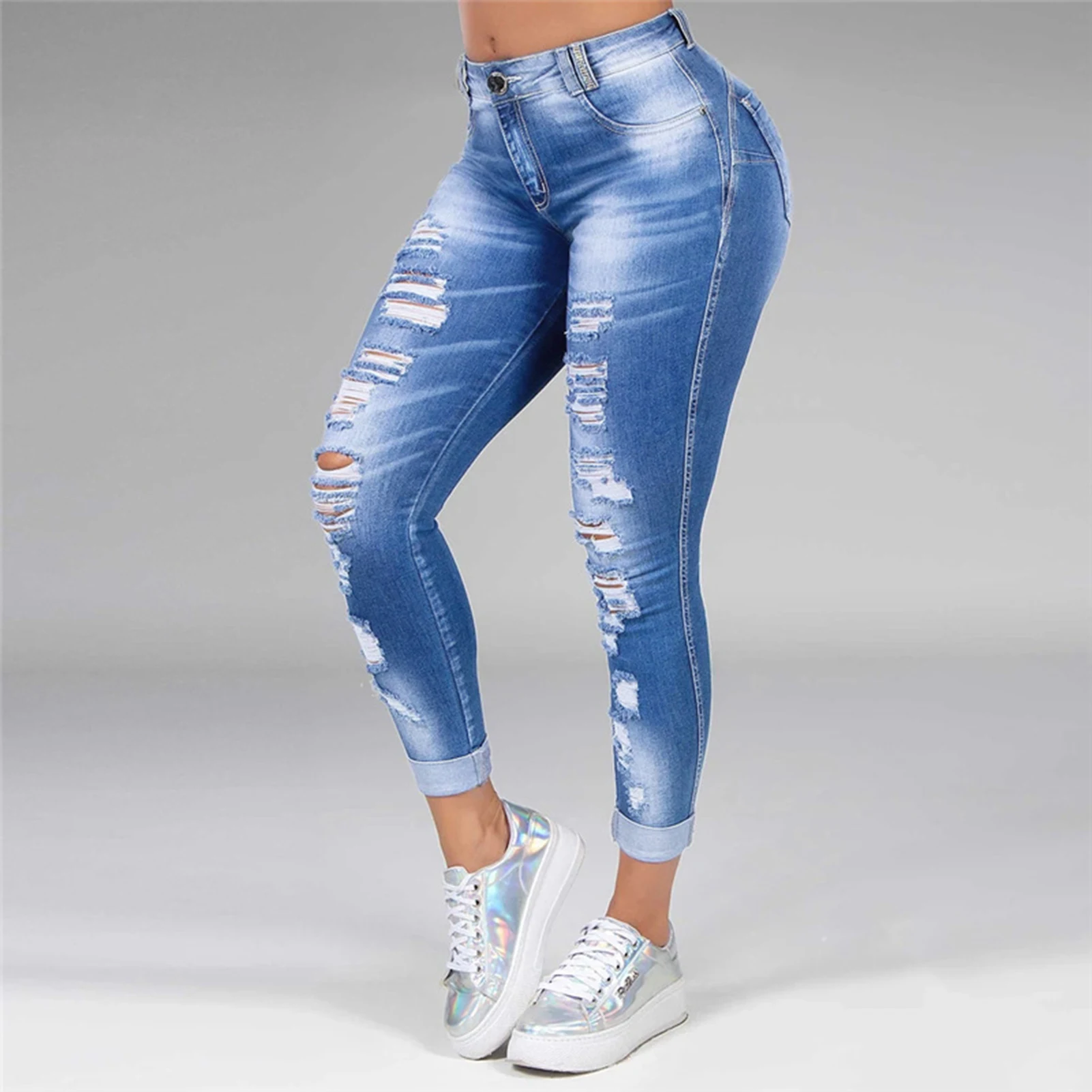 Women Fashion Hip Hop Broken Holes Denim Jeans Cord Ripped Pencil Pants