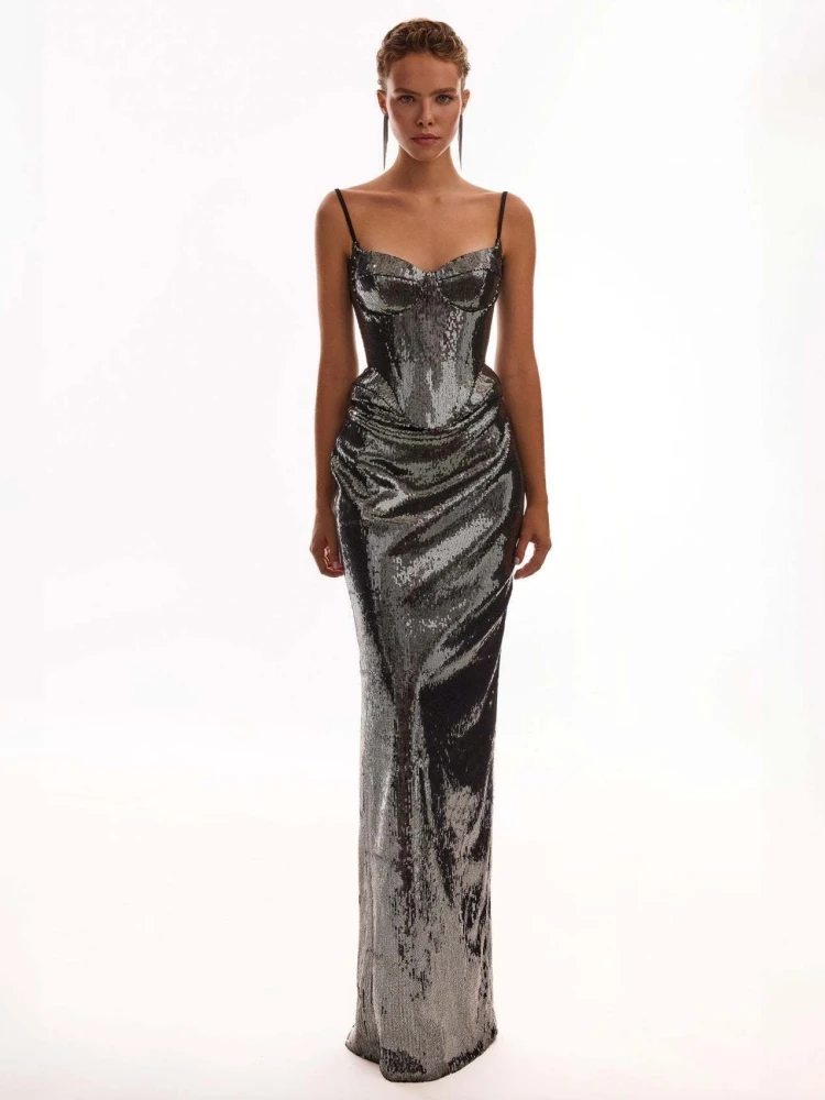 

Women Sequins Skirt Two Piece Set Sexy Spaghetti Strap Lace Lace-up Top + Long Slim Skirts Suits Evening Birthday Party Cocktail