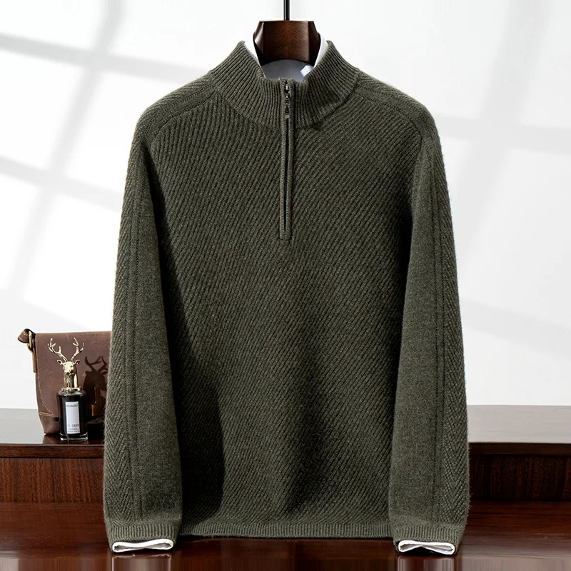 

Осень-зима, новый мужской свитер из 100% чистого кашемира, двойной толстый свободный саржевый трикотаж, базовая рубашка с длинными рукавами и полувысокой молнией