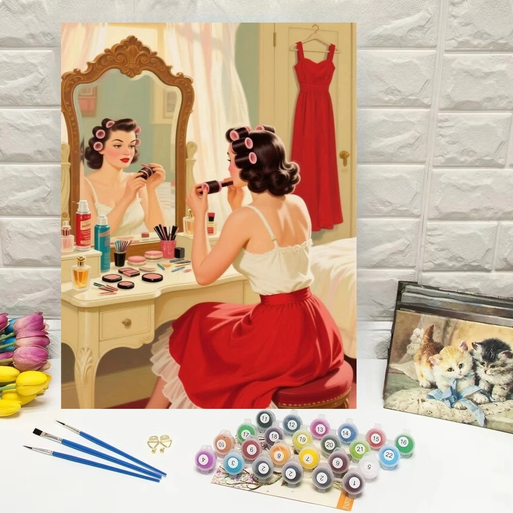 Vintage Woman Makeup Vanity Portrait Oil Painting By Number DIY Modern Wall Decor for Living Room Bedroom Home Decor Gift