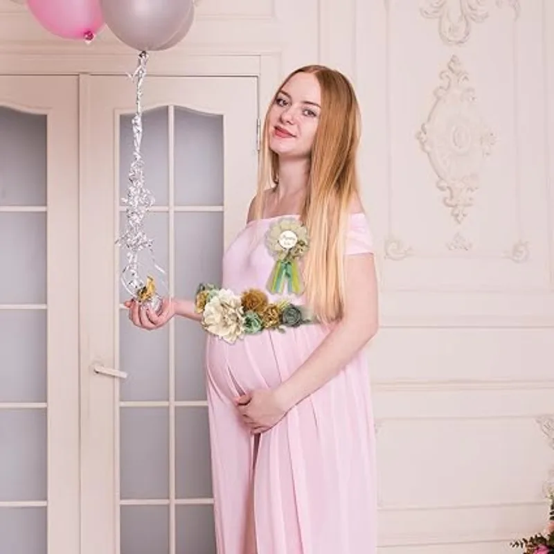 1세트/ 베이비 샤워 출산 새시 배꼽 벨트-핑크 꽃 새시 세트 엄마 & 아빠 예정자 코사지 핀 성별 공개용