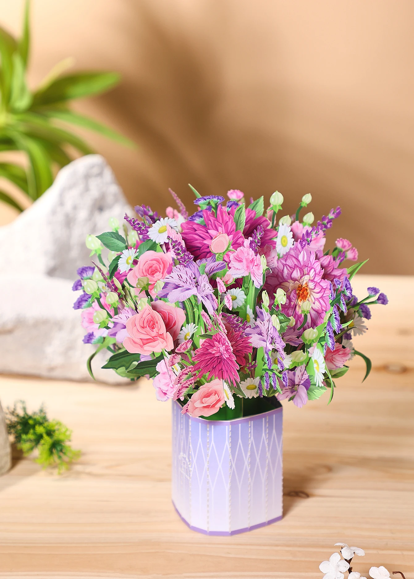 3D-Grußkarte mit rosa und lila Rosen, geeignet für Geburtstage, Jubiläen und andere Anlässe