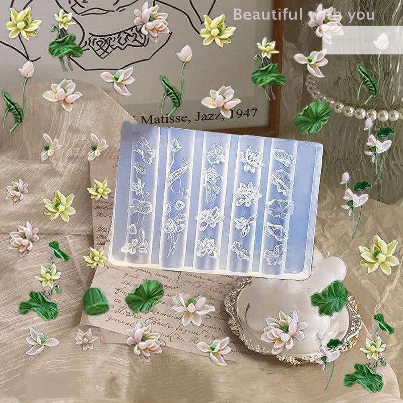 Molde de silicone para unhas de lótus, ferramenta de design de manicure transparente 3d, modelo de escultura ideal para arte em unhas com folhas de lótus diy