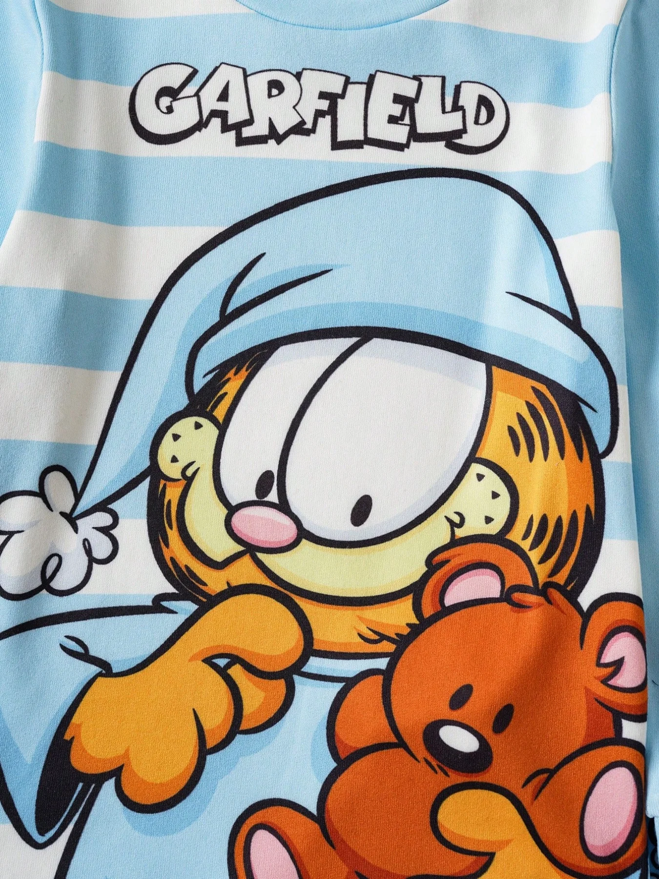 GARFIELD 2pcs/Set Striped Long Sleeve Top And Cute Cat & Teddy Bear All-Over Print Pants Pajama Set