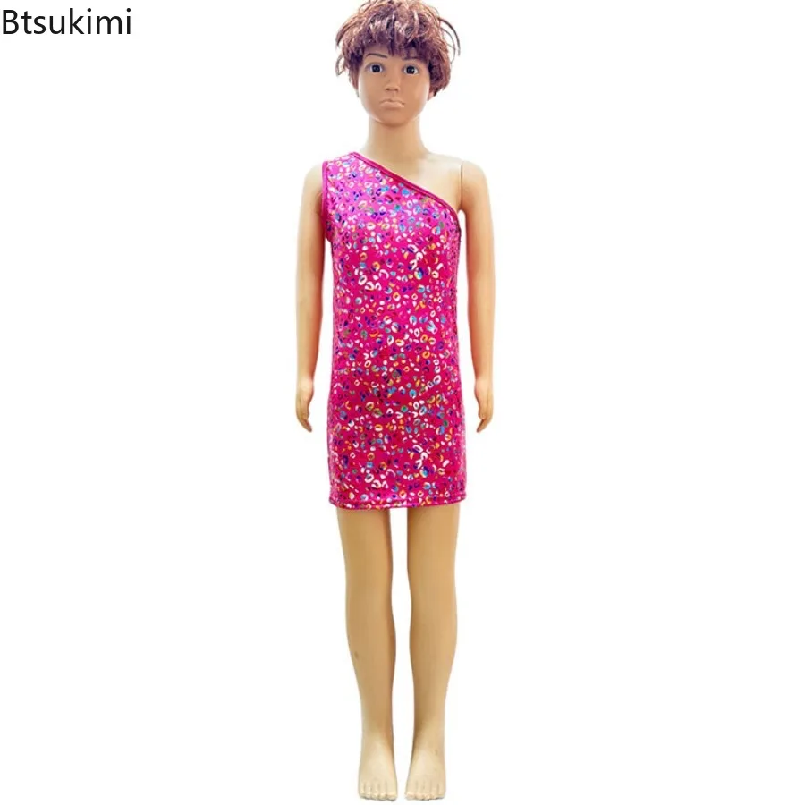 Kids Girls Dress Cheerleading Jazz Dance Costume One Shoulder Sleeveless Metallic Leopard Tango Samba Dance Dress Jazz Dancewear
