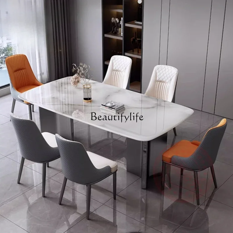 

ls 42Italian light luxury supercrystalline stone dining table and chair combination stainless steel rectangular bright