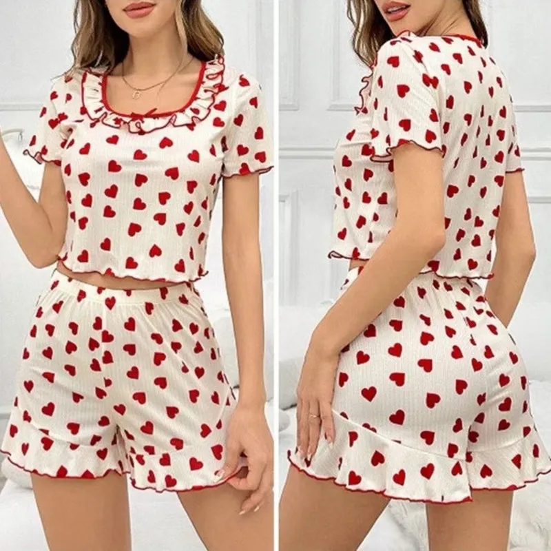 

Women’s Cute 2PCS Heart Print Pajama Set Sleeveless Crop Top and Shorts Soft Comfy Sleepwear Loungewear for Summer Nightwear