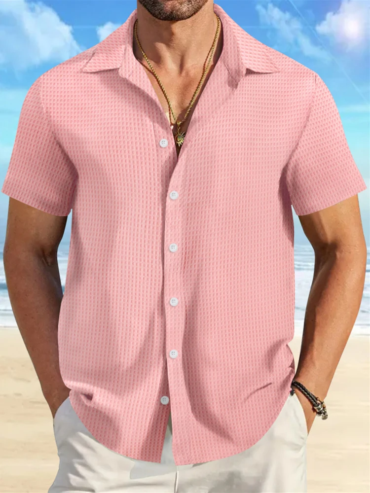 

2024 Summer Casual Waffle Shirt For Men Daily Leisure Short Sleeve Buttoned Lapel Cardigan Tops Mens Vintage Solid Color Shirts