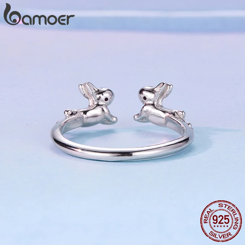 باموير 925 فضة مزدوجة أرنب حلقة مفتوحة خرافة الحيوان ارتفع الأحمر تشيكوسلوفاكيا الدائري للنساء المراهقين جميل الحيوانات الأليفة هدية عيد الميلاد #5