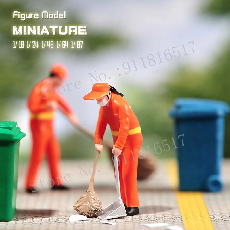 Miniatures 1/87 1/64 1/43 1/24 1/18 Street Cleaner Man Female Figure Street Scene Sand Table Photography Model for Cars Vehicles