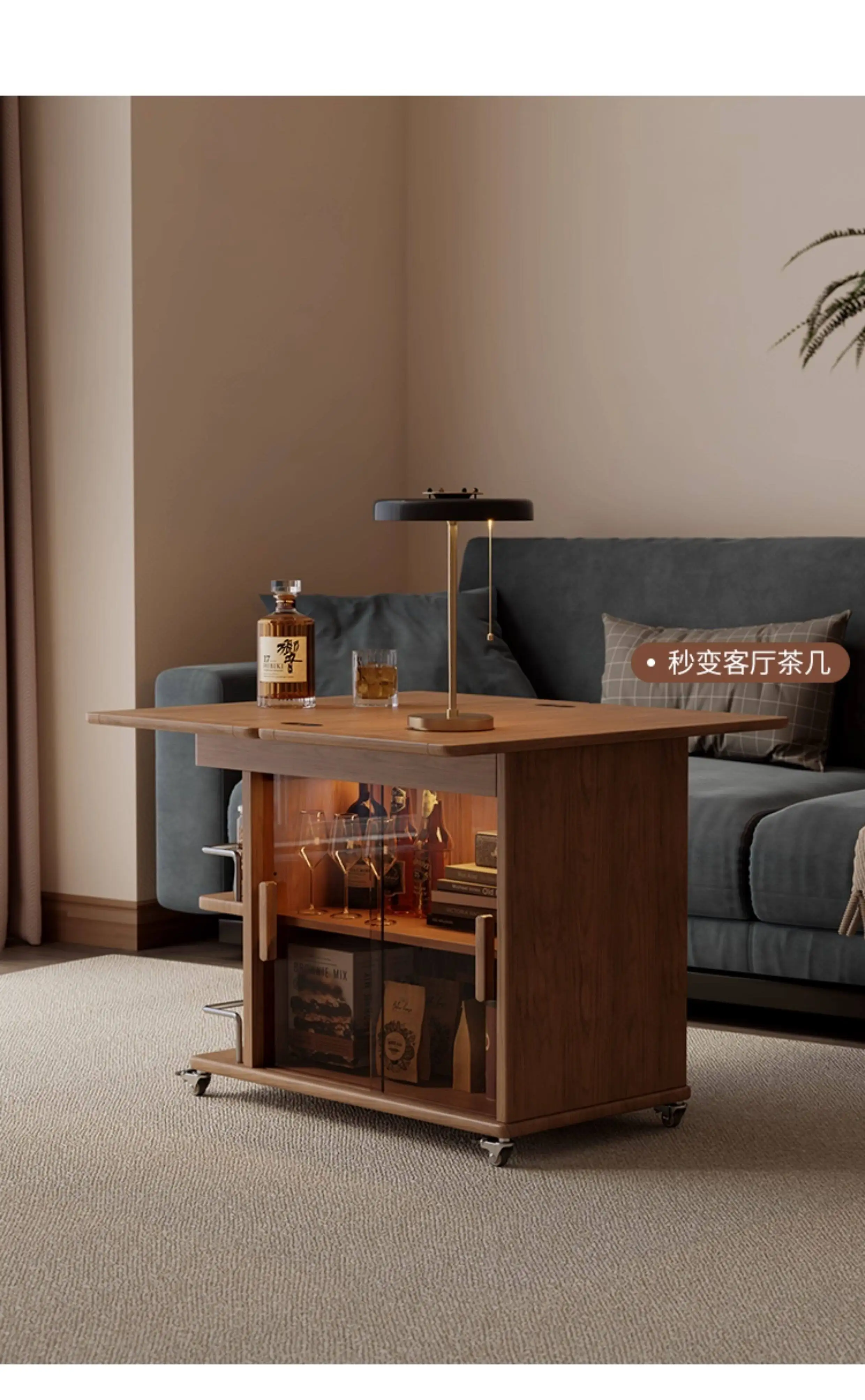 Solid wood folding multi-functional small table, small apartment living room side cabinet, household movable cart sofa
