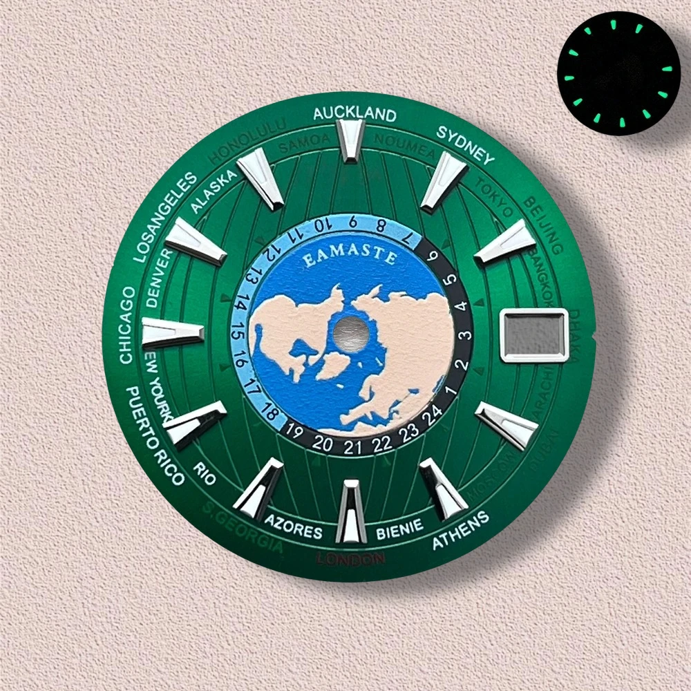 28.5mm S Logo World Map Dial Fit NH35/NH36/4R/7S Japanese Automatic Movement Green Luminous Watch Modification Accessories