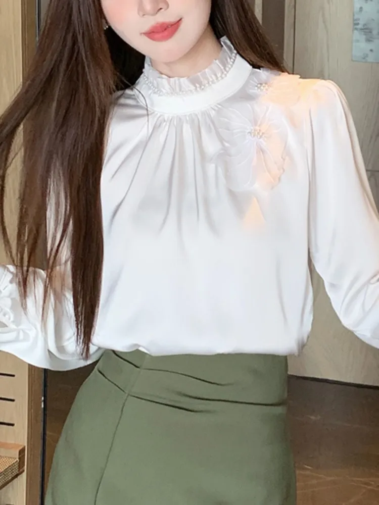 Fashion Long Sleeve Ruffled Women Blouse Beading Office Lady Chiffon Blouse Shirt Women Tops Blusas Mujer De Moda