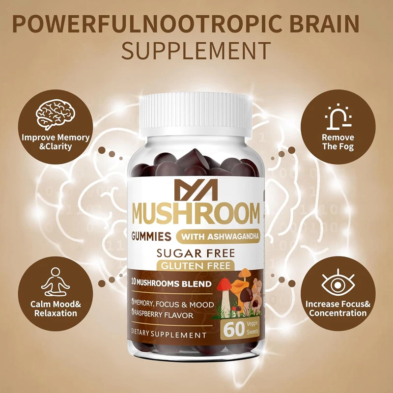 

Mushroom Soft Candy -10x Mushroom Supplement with South African Drunk Eggplant and Lion Mane, Immune Support and Stress Relief