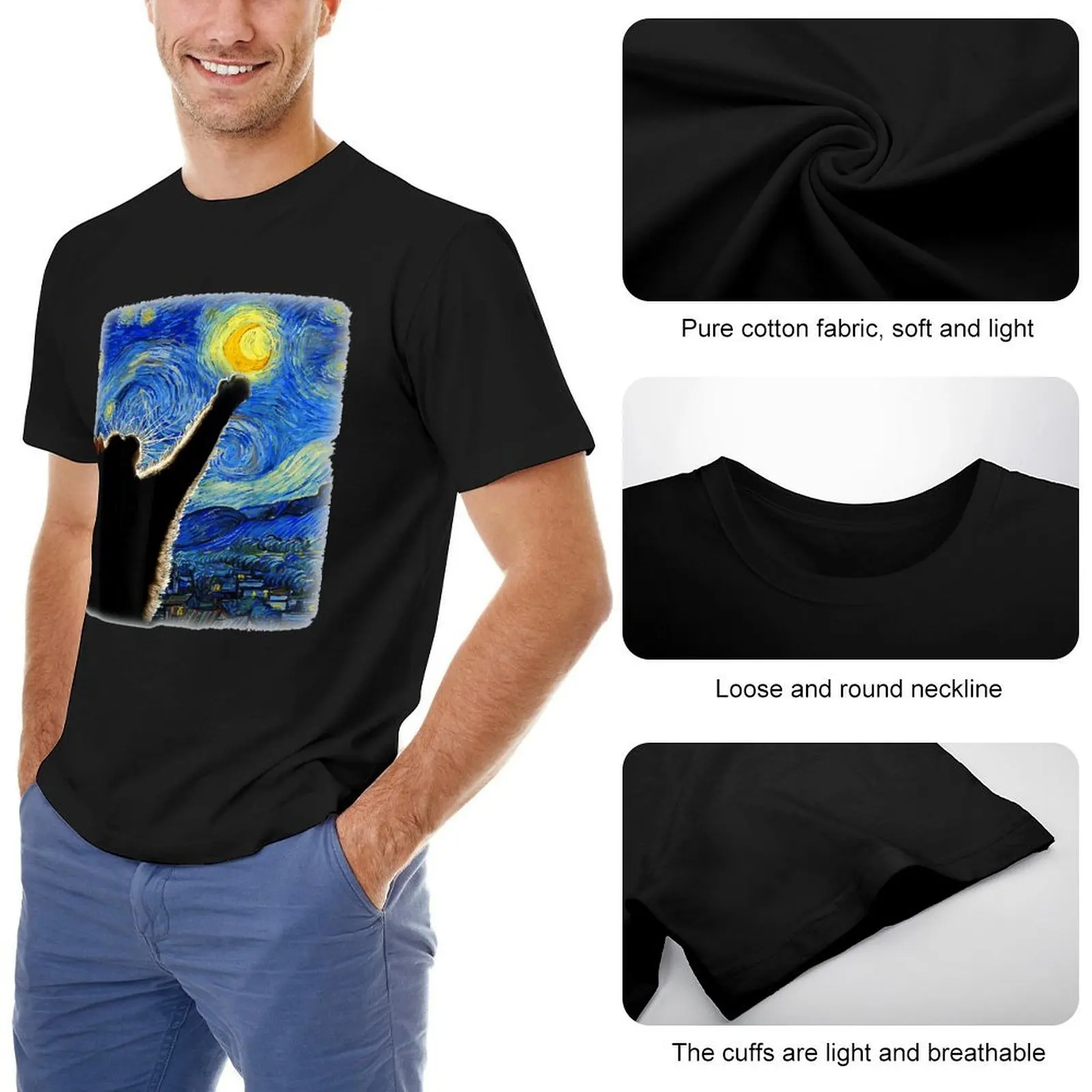 Round Neck Starry Night Cat Van Gogh Cat Cat Lover T-shirt  Move Tshirt Unique Funny Novelty Home USA Size image 4