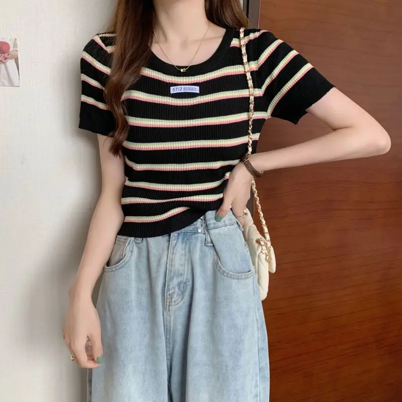 Summer New Thin Slim Striped Ice Silk T Shirts Short Sleeve O-neck All-match Youth Sweet Tops Y2K Fashion Casual Women Clothing