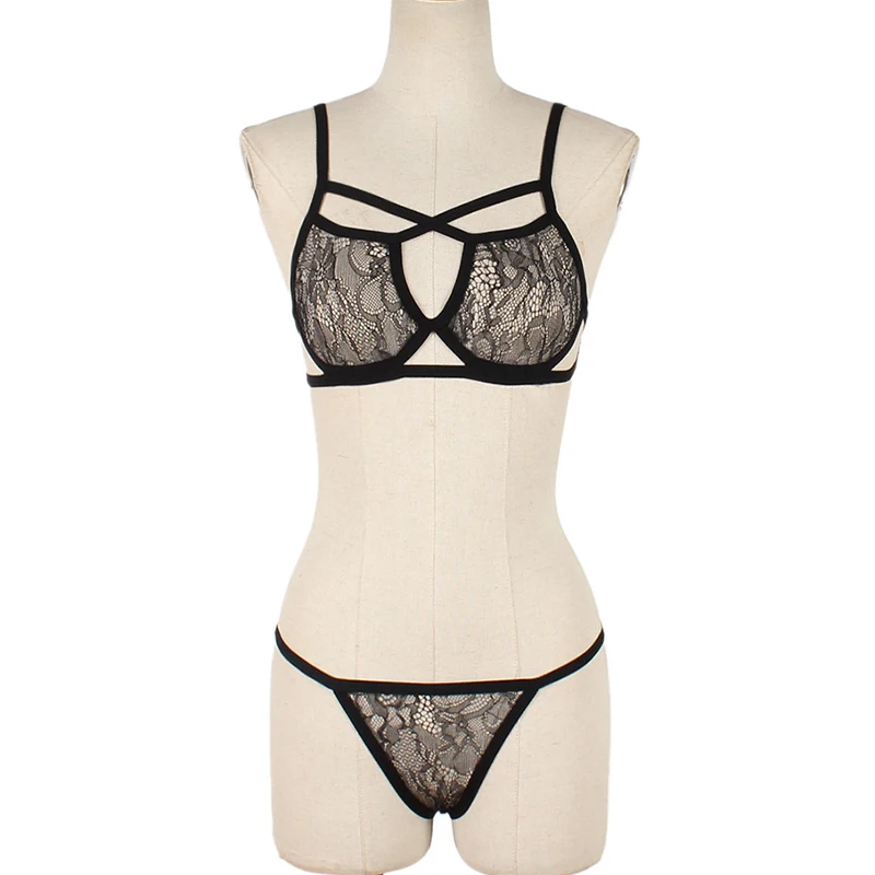 Ensembles de Lingerie érotique pour femmes, jarretelles en dentelle, soutien-gorge et culotte transparents, Costumes Porno féminins, col licou en V profond, ensemble de sous-vêtements Sexy