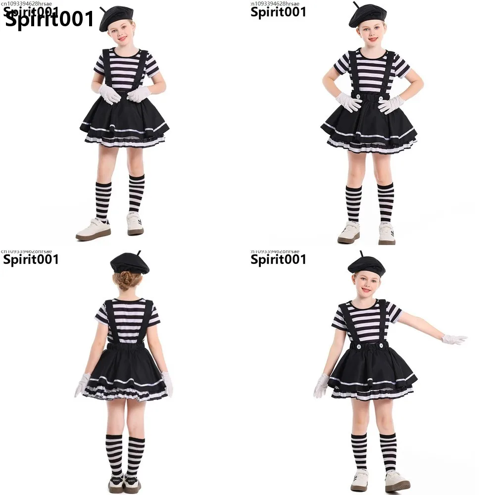 

Kids Mime Costume Black White French Clown Halloween Cosplay Fancy Dress for Girls Boys Silent Actor Party Outfit