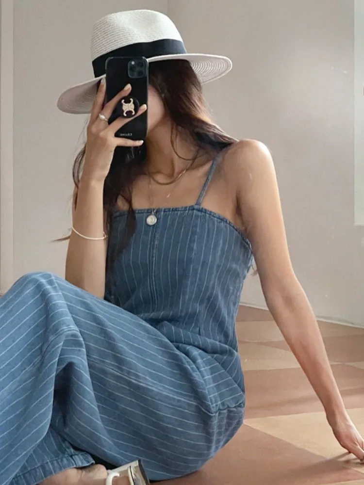 Vintage Striped Baggy Denim Slip Jumpsuit For Women Casual Loose Wide Leg Rompers With Pocket Pants Summer Overalls Playsuit New