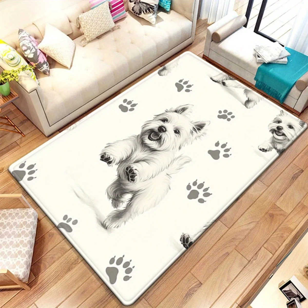 White Dog with Paw Prints Area Rug, Non-Slip Washable Floor Mat, Versatile Home Decor Carpet