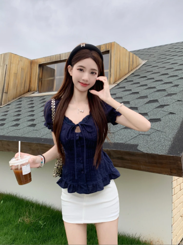 Coreano Sle Knot ort Sve irt Estate da donna di piccole dimensioni Puro desiderio Dimagrante Unico bellissimo top