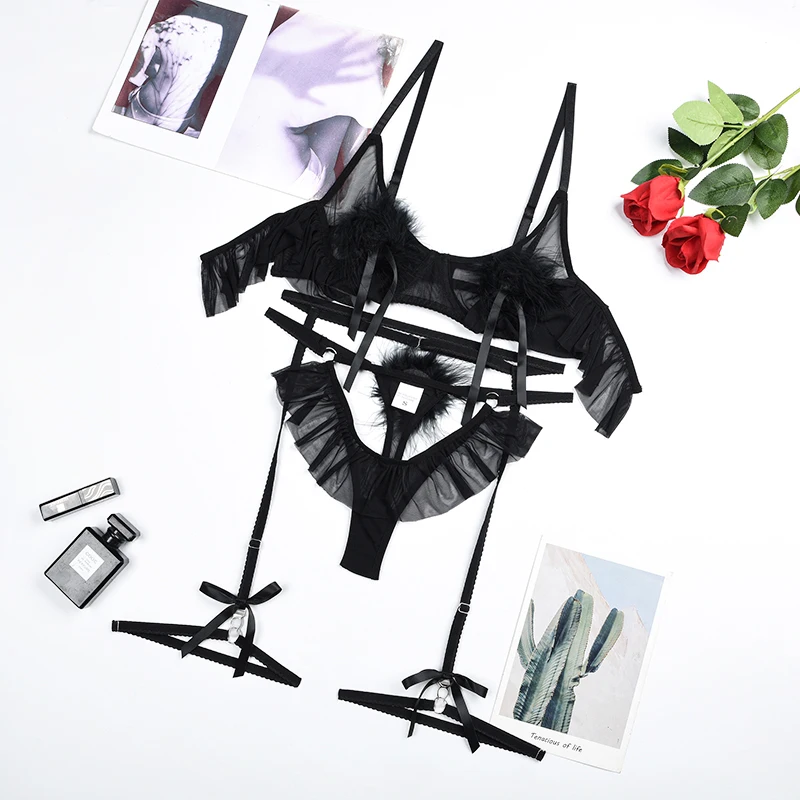 MUZISKAT Puberty Sexy Underwear Women Bra Set Fashion Exotic with Chains Luxury Lingerie Tulle 5 Piece Lingerie Set with Garter