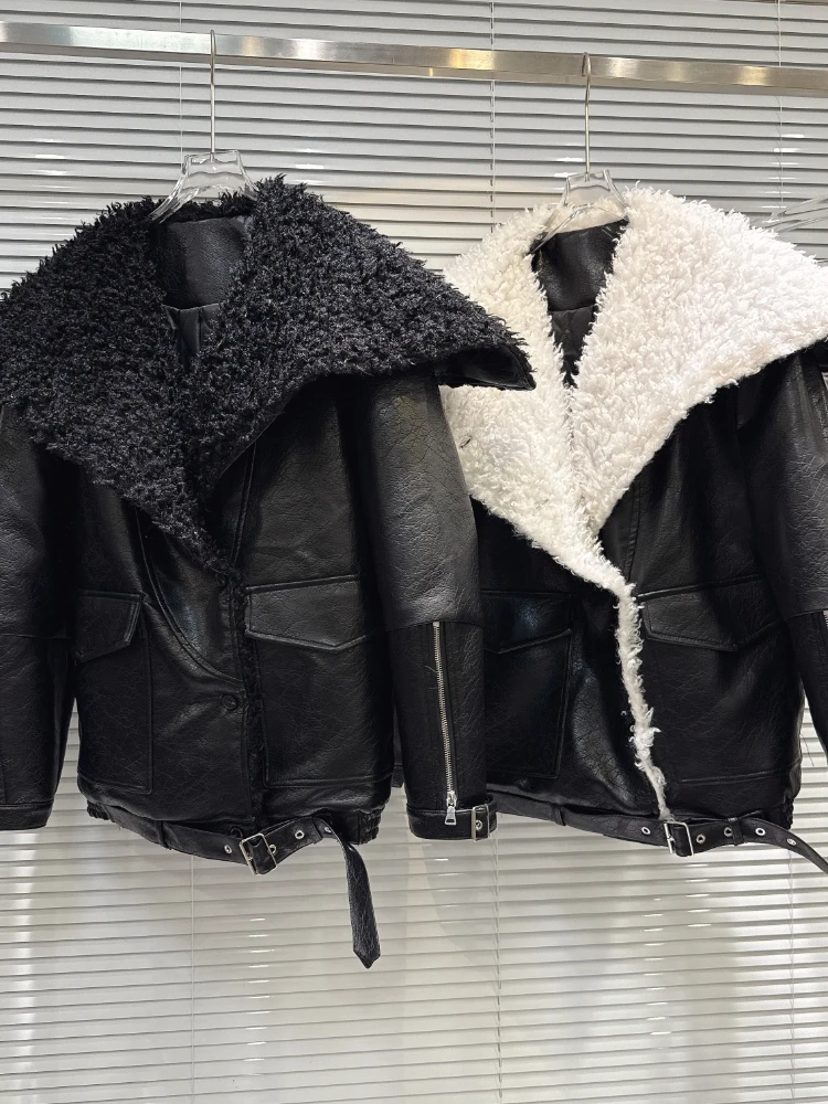 

Y2K Винтажная куртка из искусственной кожи из искусственного меха, женская зимняя стеганая куртка свободного покроя с темно-синим воротником, корейская модная уличная одежда, крутая верхняя одежда для девочек