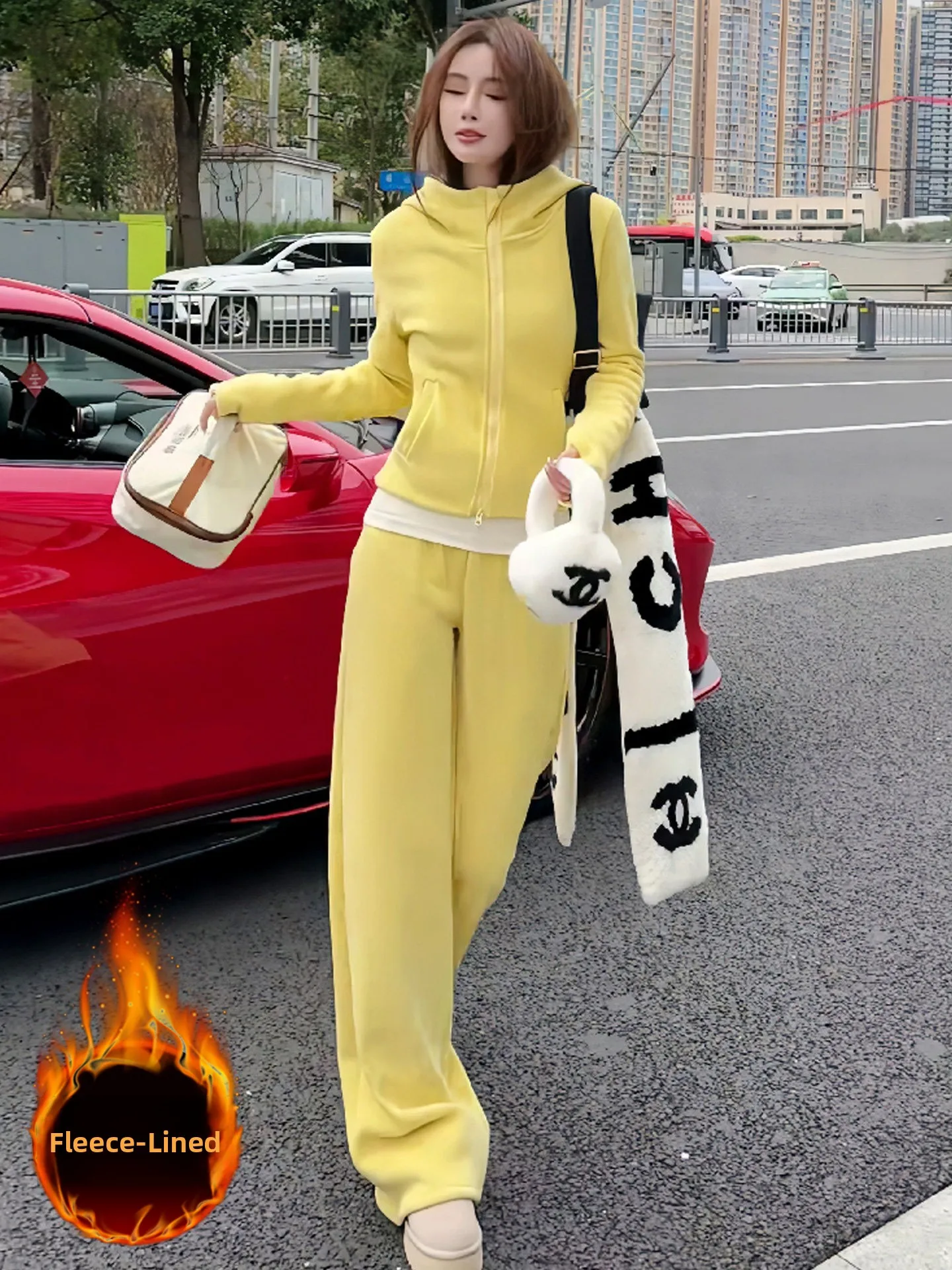 

Dopamine Yellow Winter Sportswear Set Women's Fleece Lined Trendy Anti Aging Jacket Top Wide Leg Pants Two Piece Set