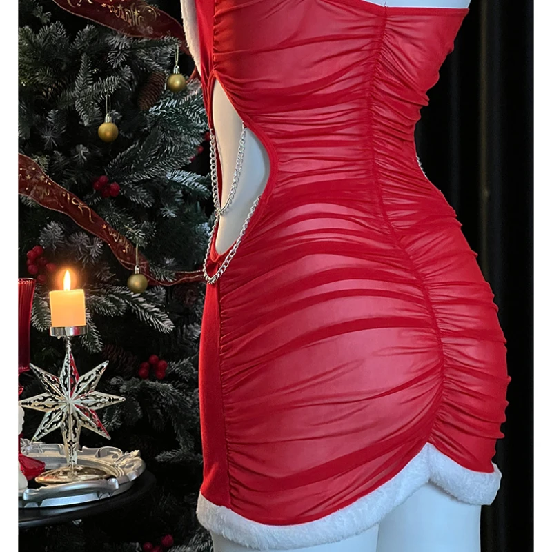 Lovermore 크리스마스 코스프레 유니폼 벨벳 체인 나이트 드레스, 장갑 및 스타킹, 에로틱 원피스 여성, 새해 섹시 란제리