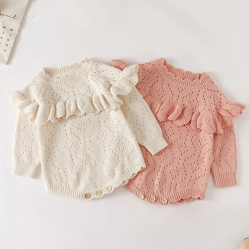 

2025 New Autumn 0-24M Toddler Baby Girls Knitted Bodysuits Long Sleeved Solid Color Infant Baby Girls Knitted Jumpsuit