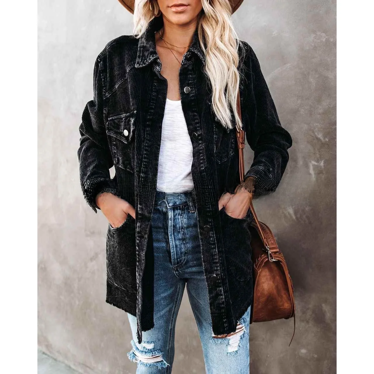 

Women's Cotton Shirt Thin Collar Jacket Street Style Long Sleeve Non-deformable Fashionable Pure Color Splice Design