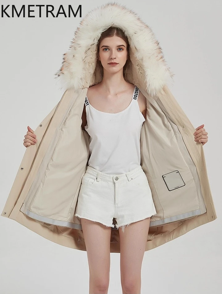 KMETRAM Rex forro de piel de conejo abrigo de piel de perro mapache cuello de piel Parkas chaqueta 2025 longitud media invierno con capucha ropa de mujer шуба