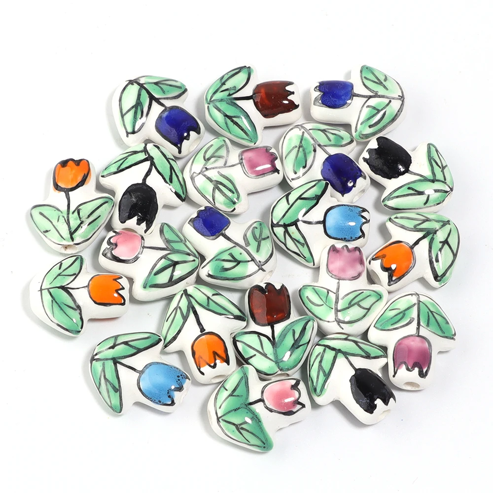 2Pcs 16x14mm Hand-painted Tulip Flower Ceramic Beads For Charm Jewelry Earrings Bracelet Making Porcelain Beads DIY Accessories