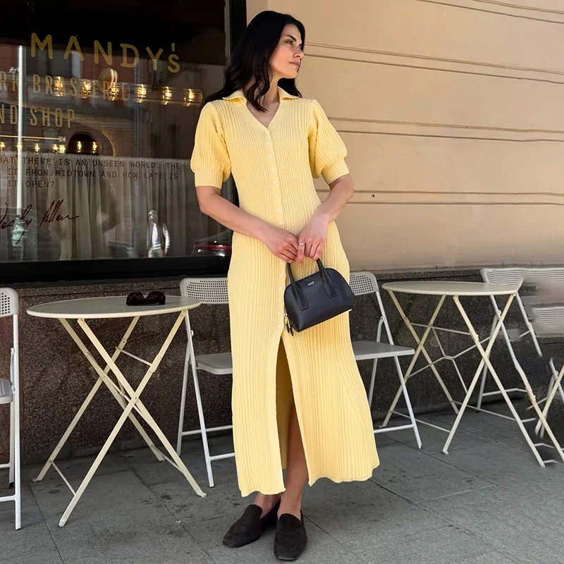 

Fashion Cardigan Long Knitted Dress For Women Puff Sleeve Retro Fashion Sweater Dress 2025 Summer Sexy Vacation Dress