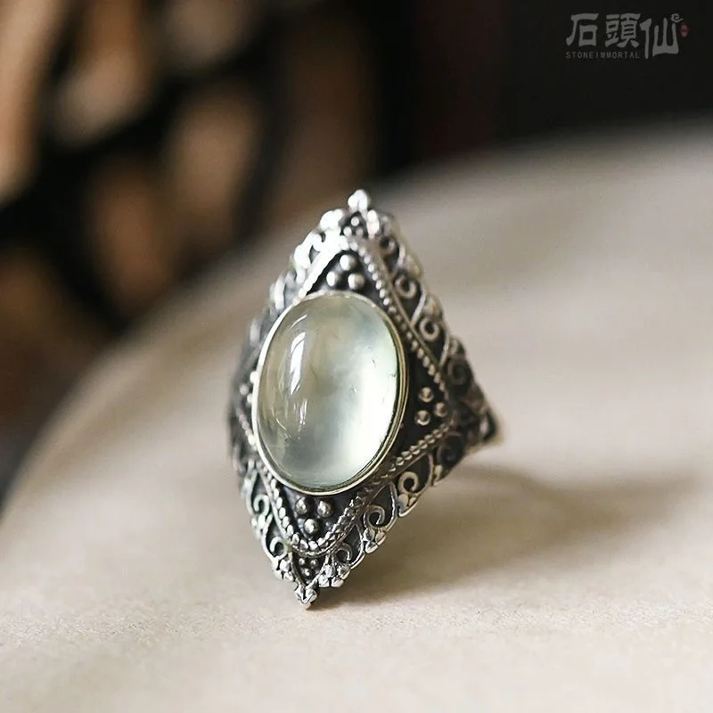 

Nepalese court natural prehnite 925 silver luxury retro atmosphere ring female exaggerated ring autumn and winter