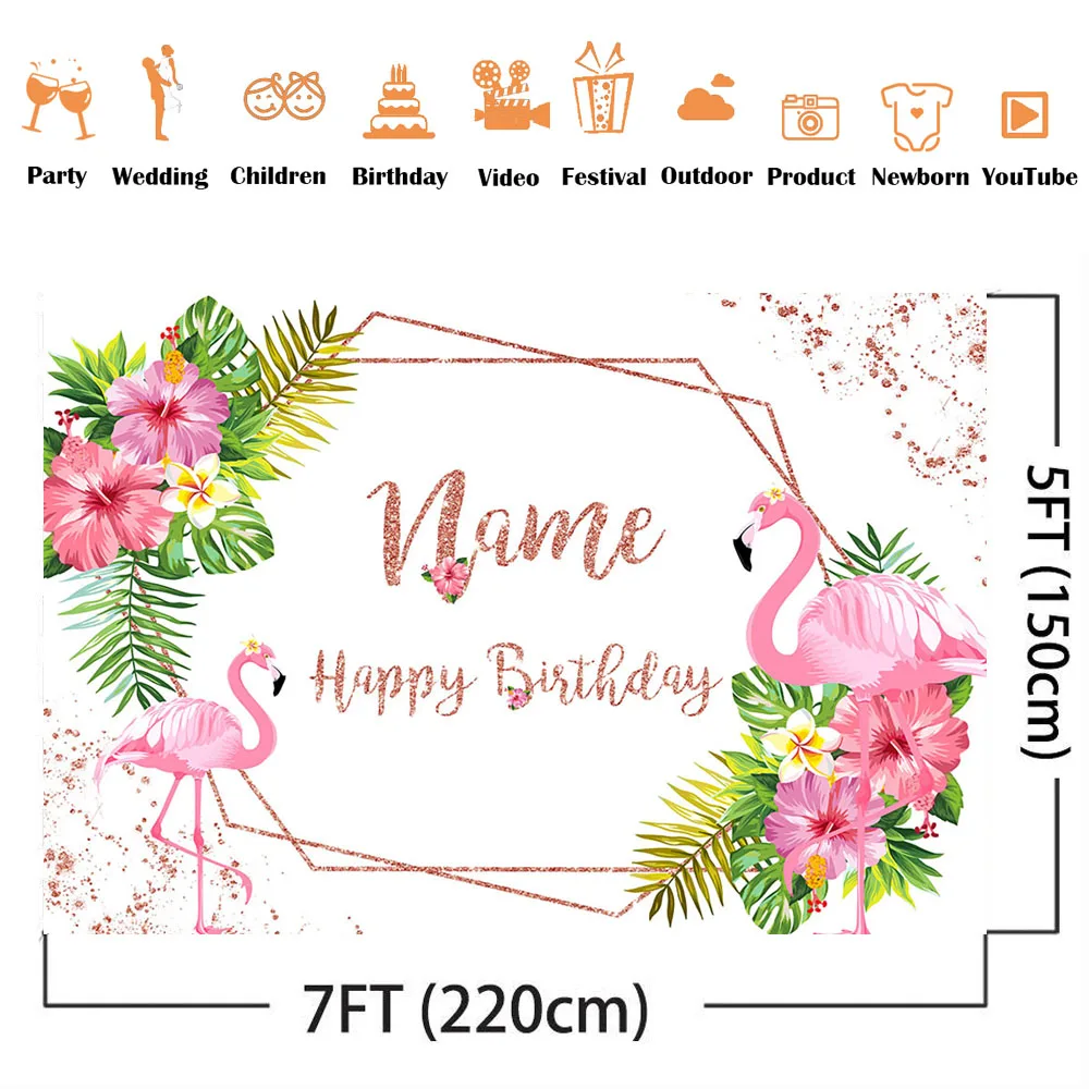 Happy Birthday Backdrop Pink Flamingo Theme Pink Rose Gold Glitter Shining Dot Photo Background Customzie Name Photocall Banner