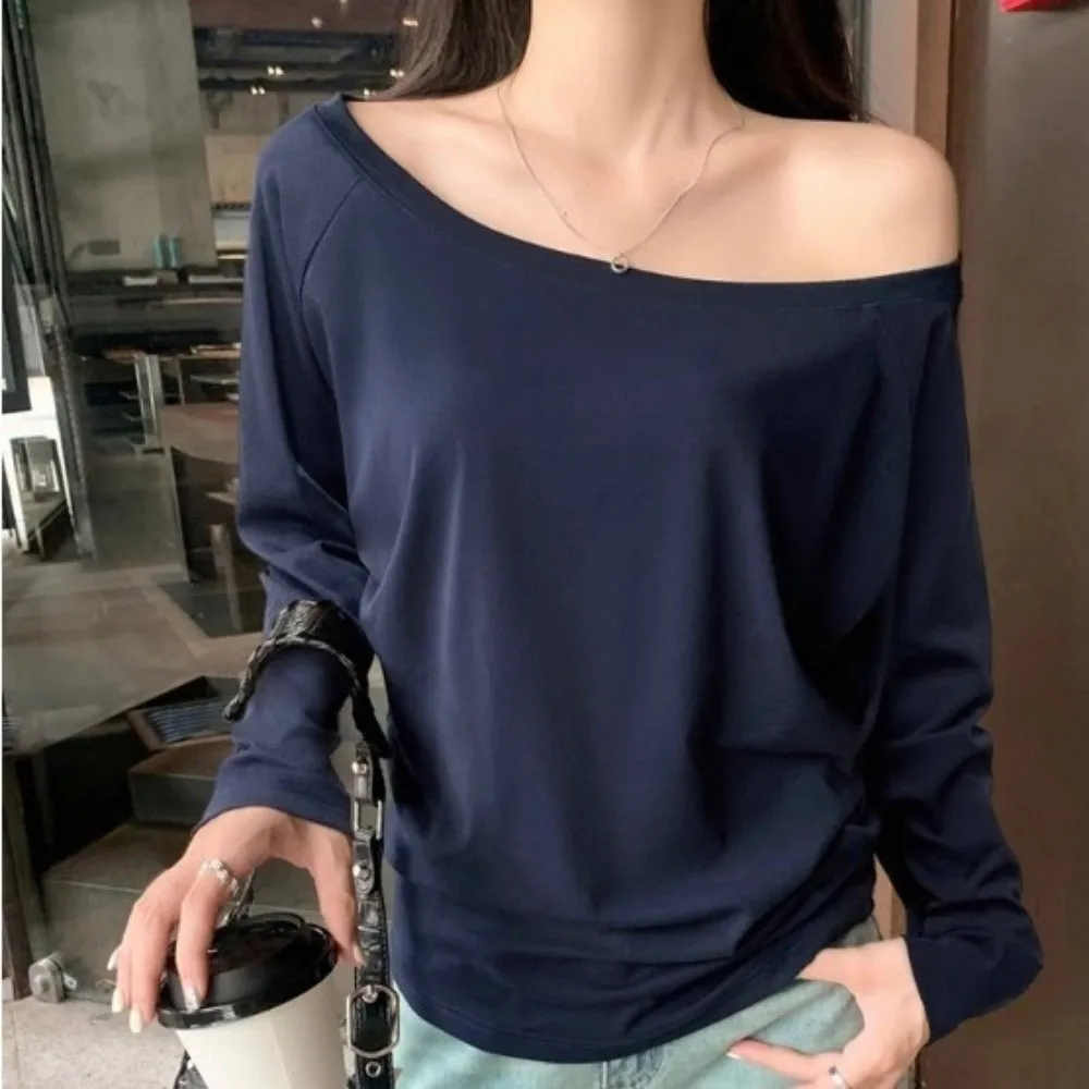 Lässiges Herbst-Winter-Oberteil mit einer Schulter, langen Ärmeln, einfarbig, schulterfreies T-Shirt, Oversize-Basis-T-Shirt für Jugendliche – Detail 8