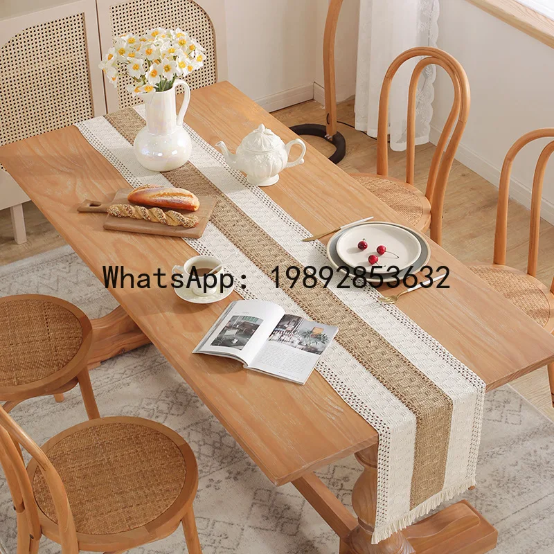 Hys cotton linen table runner color block tassel long tablecloth tea table runner decoration