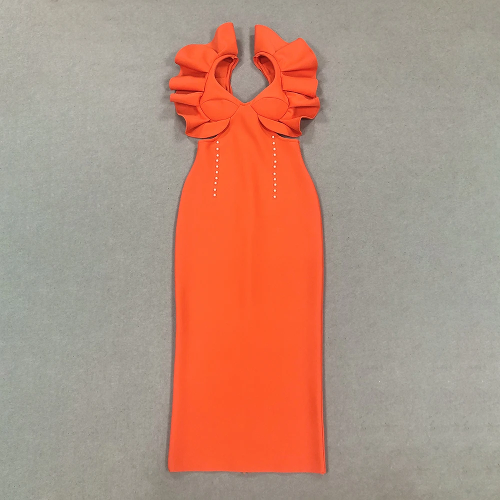 GORAFASHION Women Celebrity Sexy V Neck Cut Out Orange Ruffles Midi Bodycon Bandage Dress Elegant Evening Club Party Dress