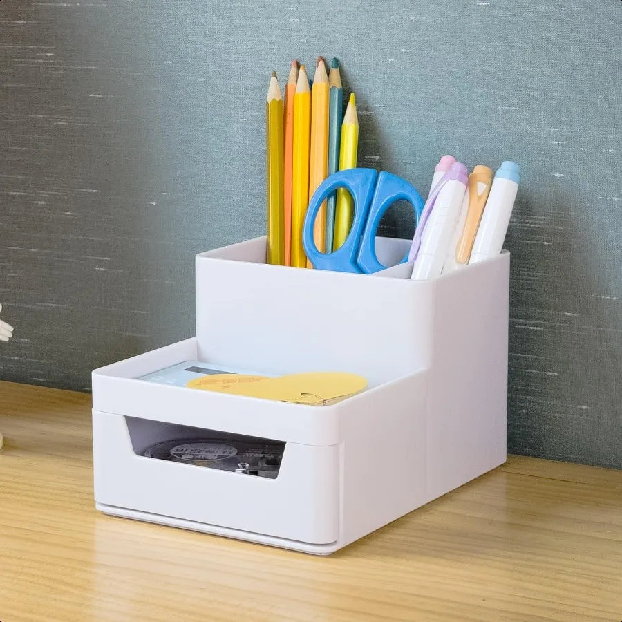 

Small Desk OrganizerPencil Pen Holder Office Desktop Accessories With Compartments Stationery Organizer With Drawer Art Supply