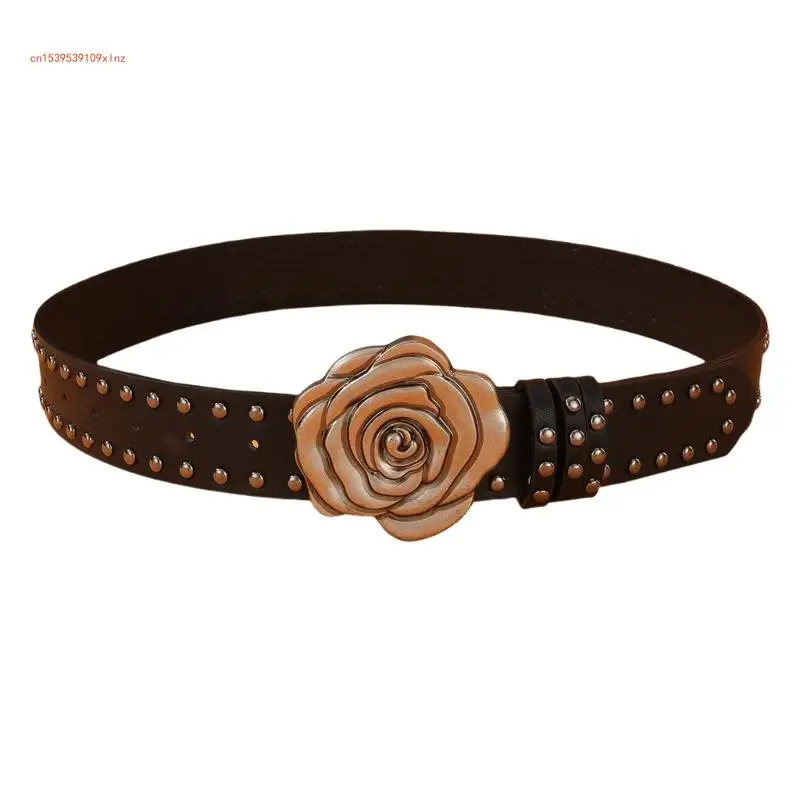 

Popular Flower Buckle Belt for Adult Women Rivet Studded Belt All Matching Western Dresses Belt for Daily and Club Wear