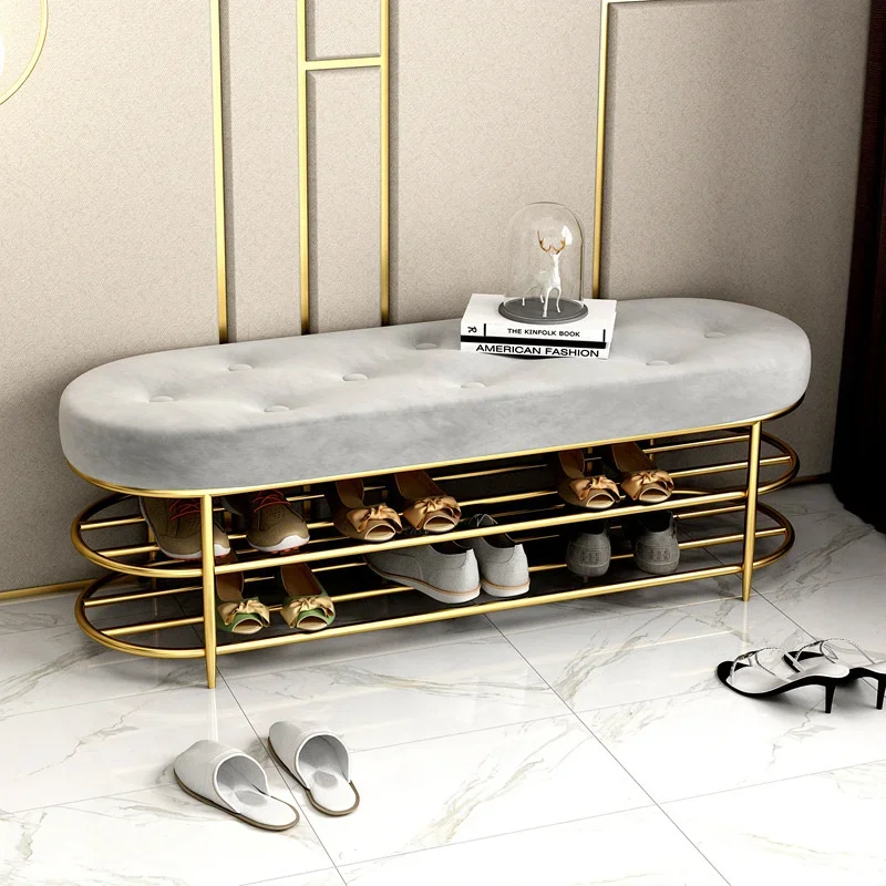 Luxury shoe stool with 2 tiers rack shelf sofa seat cushion entrance door shoe cabinet bench storage stool