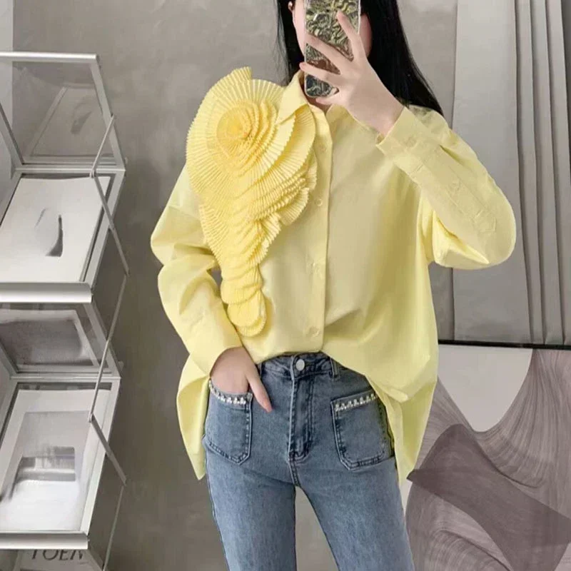 OCEANLOVE Solid Spring Autumn Shirts&blouses 3D Flowers Vintage Korean Fashion Women Tops Elegant Sweet Party Blusas Mujer