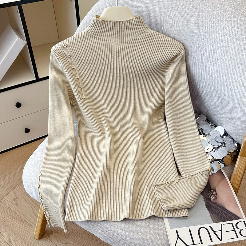 

Seoulish, осенне-зимние женские вязаные топы, новинка 2025 года, модные повседневные свитера с воротником-стойкой и длинными рукавами на пуговицах