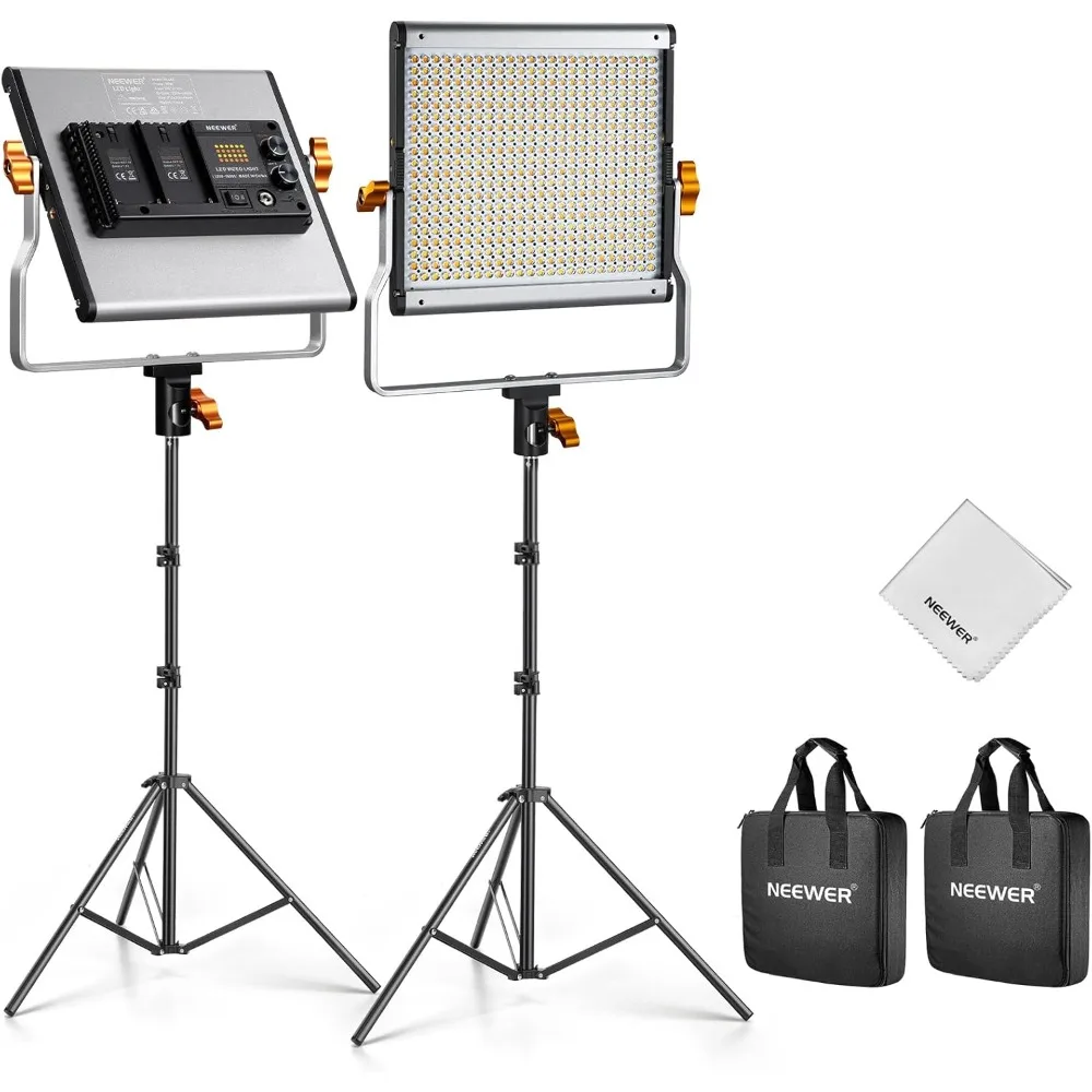 

2 Pack Bi Color Dimmable 480 LED Video Light Kit, 28W 3200-5600K CRI96Stand Cleaning Cloth Bag