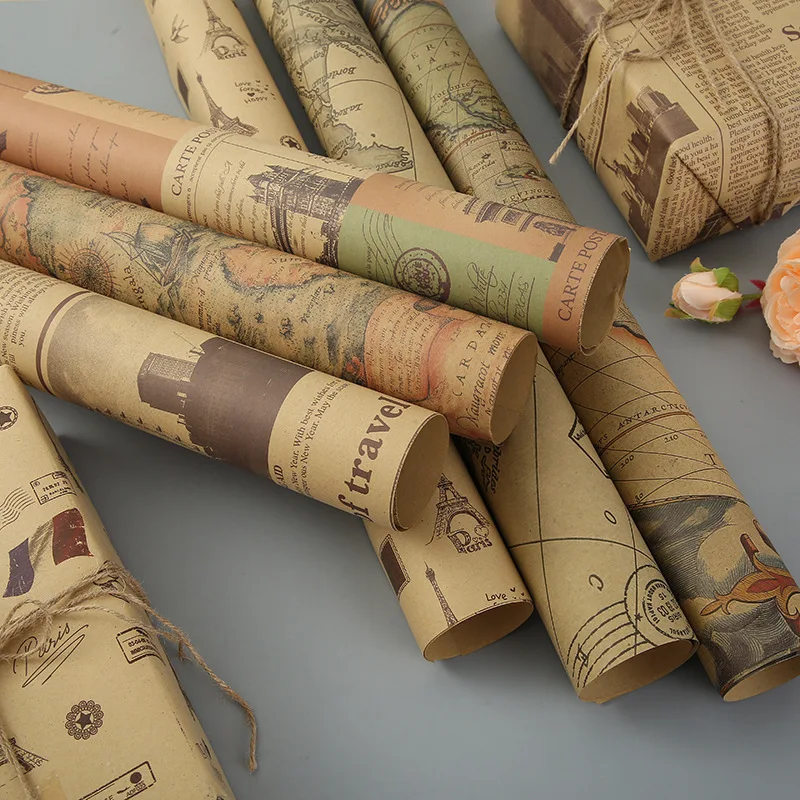 Fold Retro Kraft Gift Wrapping Paper Worldmap Christmas Gift Paper Newspaper Craft Valentine\'s Day Birthday Gift RegularPaper